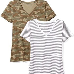 Women's Stripe Camo Print V Neck T Shirt Two Pack